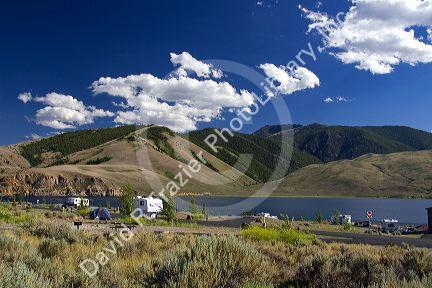 RV camping at Joe T. Fallini BLM campground at Macay Reservoir below the Lost River Range in central Idaho at Mackay Reservoir.