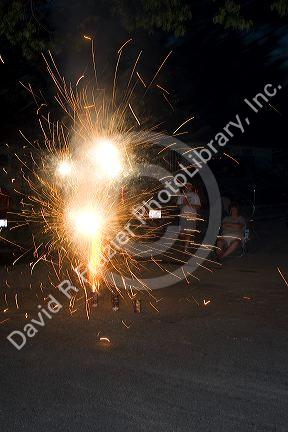 Consumer fireworks lit for Fourth of July neighborhood celebration in Boise, Idaho.