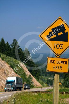 10% grade road sign atop the high mountain Teton Pass on Wyoming Highway 22 near the state border of Wyoming and Idaho.