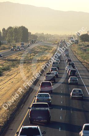 Cars traveling on the morning commute on Interstate 84 near Boise, Idaho.