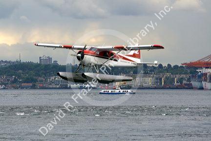 Seaplane flying at Port Vancouver in British Columbia, Canada.