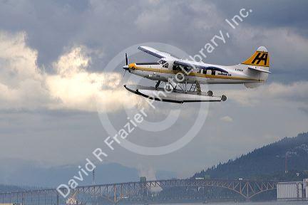 Seaplane flying at Port Vancouver in British Columbia, Canada.