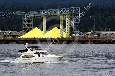 Sulfur recovered from hydrocarbons, stockpiled for shipment at Port Vancouver, British Columbia, Canada.