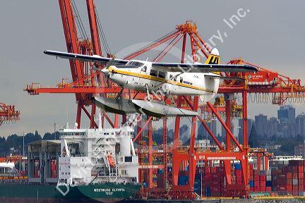 Seaplane flying at Port Vancouver in British Columbia, Canada.