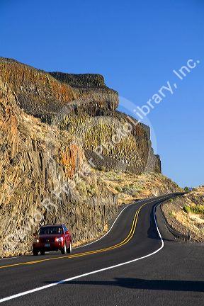 Basalt rock cliffs along the highway near Soap Lake, Washington.