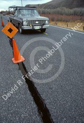 Large crack in road is damage from the Borah Peak Earthquake of October 28, 1983 near Mackay, Idaho.