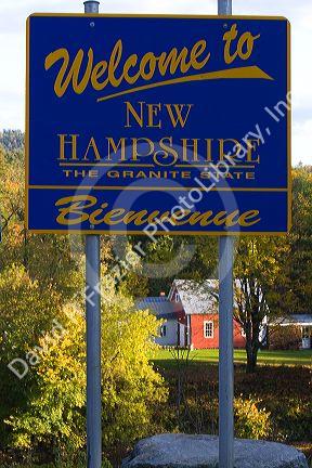 Welcome to New Hampshire sign at the Vermont border in the town of Orford, New Hampshire, USA.