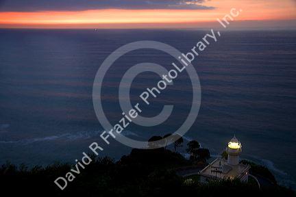 Monte Igueldo Lighthouse at sunset in La Concha Bay near the city of Donostia-San Sebastian, Guipuzcoa, Basque Country, Northern Spain.