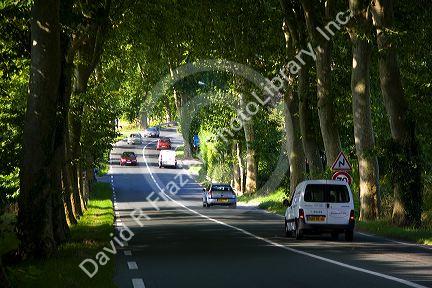 Automobiles travel on the N1 highway near the city of Bayonne, Pyrenees-Atlantiques, French Basque Country, Southwest France.