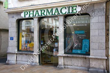 Exterior of a Pharmacie in the town of Saint-Jean-de-Luz, Pyrenees-Atlantiques, French Basque Country, Southwest France.