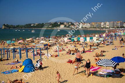 Beach scene in the bay at Saint-Jean-de-Luz, Pyrenees-Atlantiques, French Basque Country, Southwest France.