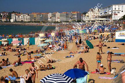 Beach scene in the bay at Saint-Jean-de-Luz, Pyrenees Atlantiques, French Basque Country, Southwest France.