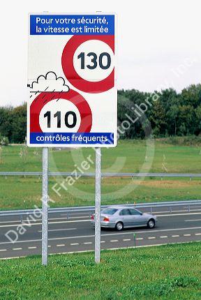 Speed limit signs on a French toll road.