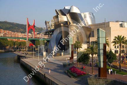 The Guggenheim Museum and the Nervion River in the city of Bilbao, Biscay, Basque Country, northern Spain.
