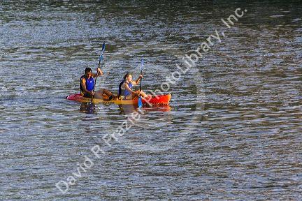 Kayaking on the Nervion River in the city of Bilbao, Biscay, Basque Country, northern Spain.