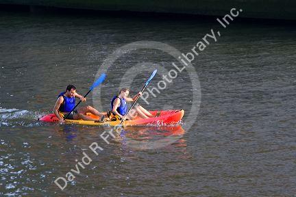Kayaking on the Nervion River in the city of Bilbao, Biscay, Basque Country, northern Spain.