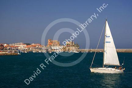 Sailboat in the harbor at Castro Urdiales, Cantabria, northern Spain.