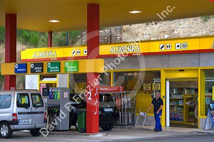 Gas station and convenience store in the town of Ribadesella, Asturias, northern Spain.
