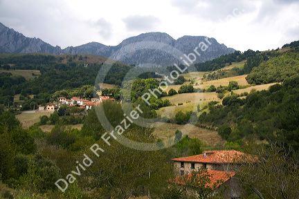 Residential homes in the Picos de Europa near Potes, Liebana, Cantabria, northwestern Spain.