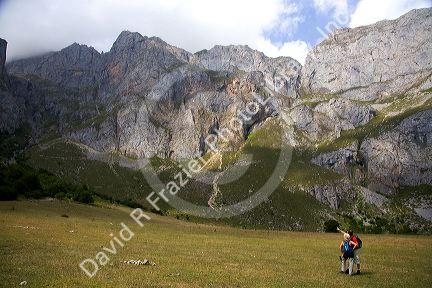 Hikers in the Picos de Europa at Fuente De, Liebana, Cantabria, northwestern Spain.