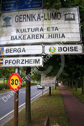 Road sign for Gernika-Lumo in the province of Biscay, Basque Country, Northern Spain.