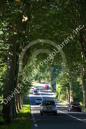 Automobiles travel on the N1 highway near the city of Bayonne, Pyrenees-Atlantiques, French Basque Country, Southwest France.