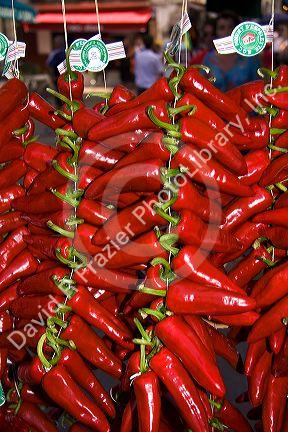 Fresh piquillo peppers for sale in the town of Saint-Jean-de-Luz, Pyrenees-Atlantiques, French Basque Country, Southwest France.