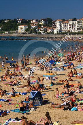 Beach scene in the bay at Saint-Jean-de-Luz, Pyrenees Atlantiques, French Basque Country, Southwest France.