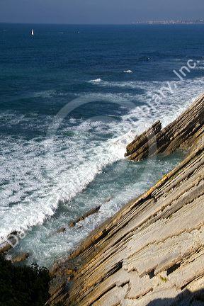 Coastal cliffs and bay at Saint-Jean-de-Luz, Pyrenees Atlantiques, French Basque Country, Southwest France.