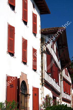 Basque architecture in the village of Ainhoa, Pyrenees-Atlantiques, French Basque Country, Southwest France.
