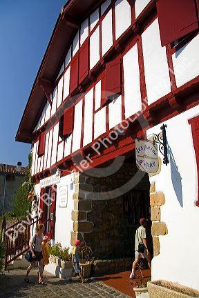 Basque architecture in the village of Ainhoa, Pyrenees-Atlantiques, French Basque Country, Southwest France.