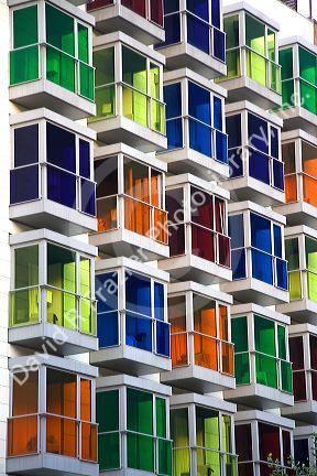 Colored glass windows of the Hesperia Bilbao Hotel in the old quarter of the city of Bilbao, Biscay, Basque Country, northern Spain.