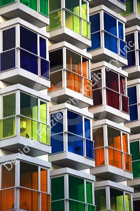 Colored glass windows of the Hesperia Bilbao Hotel in the old quarter of the city of Bilbao, Biscay, Basque Country, northern Spain.