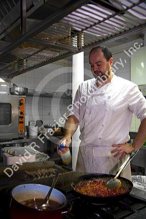 Chef in the kitchen of a basque restaurant in the city of Bilbao, Biscay, Basque Country, northern Spain.