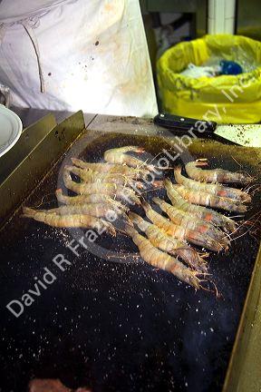 Whole shrimp being cooked at a basque restaurant in the city of Bilbao, Biscay, Basque Country, northern Spain.