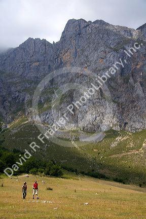 Hikers in the Picos de Europa at Fuente De, Liebana, Cantabria, northwestern Spain.