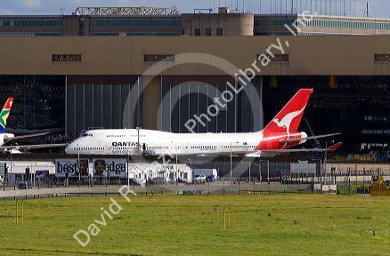 Qantas Boeing 747 airliner at the London Heathrow Airport, England, United Kingdom.