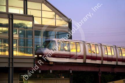 The AirTrain Newark monorail system at the Newark Liberty International Airport in Newark, New Jersey, USA.