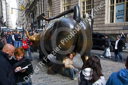 Tourits having their photo taken with the Wall Street Bull in Bowling Green park near Wall Street, New York City, New York, USA.