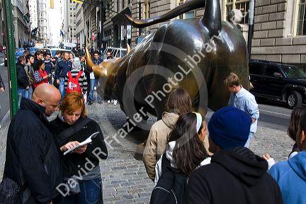 Tourists gather around the Wall Street Bull in Bowling Green park near Wall Street, New York City, New York, USA.