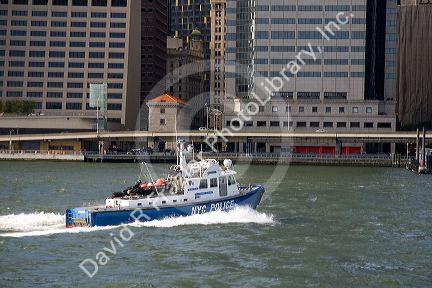 New York City Police Department Harbor Unit Scuba Team boat on the East River, New York, USA.