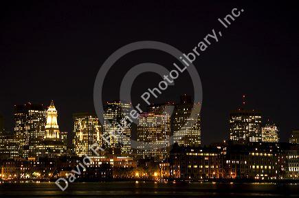 Boston skyline at night, Massachusetts, USA.