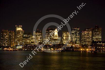 Boston skyline at night, Massachusetts, USA.