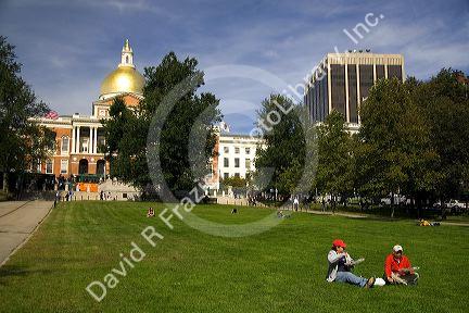 The Massachusetts State House and Boston Common located in the Beacon Hill neighborhood of Boston, Massachusetts, USA.