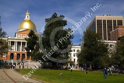 The Massachusetts State House and Boston Common located in the Beacon Hill neighborhood of Boston, Massachusetts, USA.
