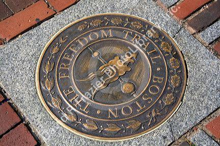 Seal marking the Freedom Trail at the Massachusetts State House located in the Beacon Hill neighborhood of Boston, Massachusetts, USA.
