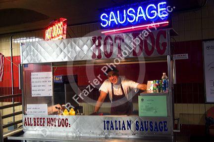 Hot dog vendor at the MBTA station in Cambridge, Greater Boston, Massachusetts, USA.