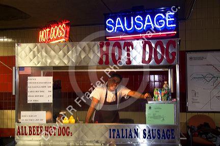 Hot dog vendor at the MBTA station in Cambridge, Greater Boston, Massachusetts, USA.