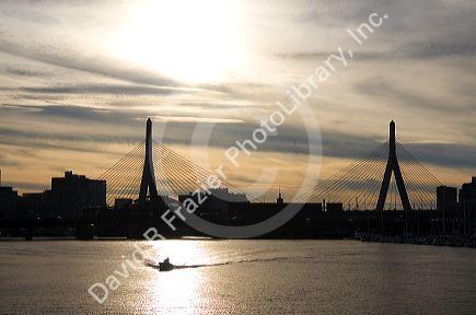 The Leonard P. Zakim Bunker Hill Memorial Bridge spanning the Charles River, Boston, Massachusetts, USA.