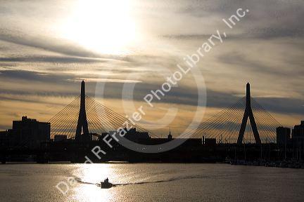 The Leonard P. Zakim Bunker Hill Memorial Bridge spanning the Charles River, Boston, Massachusetts, USA.